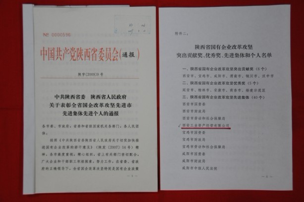 2009年2月，被陕西省委、省政府授予陕西省国有企业改革攻坚先进集体